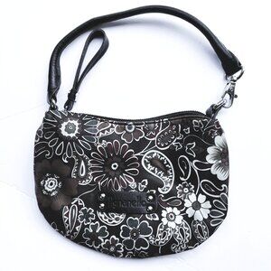 Tignanello Brown Paisley Floral Wristlet Purse,  Convertible Strap, 5" x 7.5"